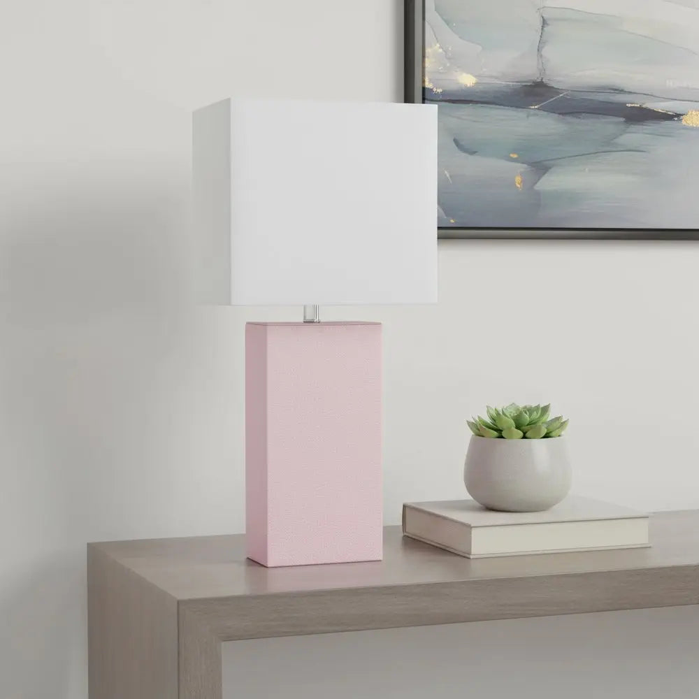 21" Blush Faux Leather Table Lamp LED With White Shade HomeRoots