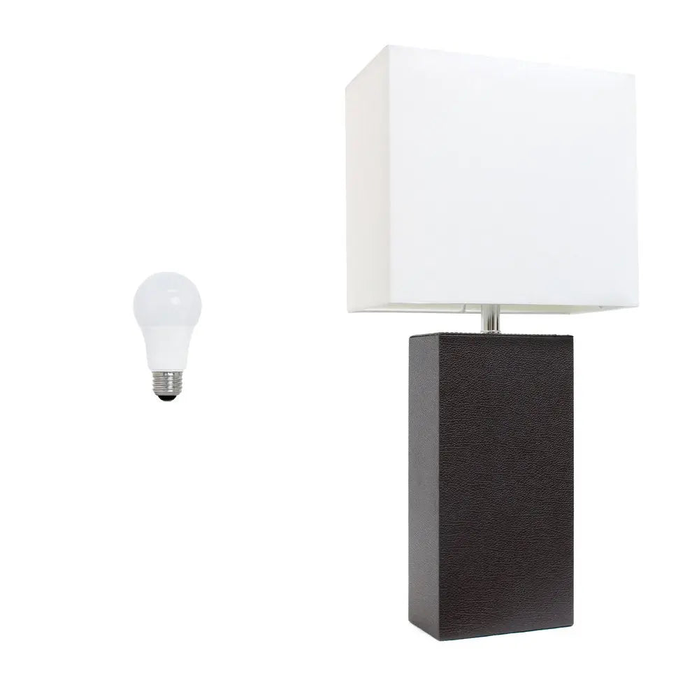 21" Espresso Faux Leather Table Lamp LED With White Shade HomeRoots