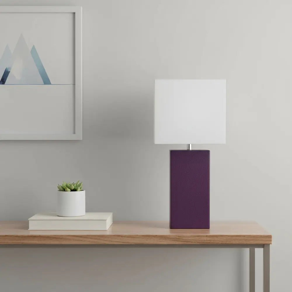 21" Eggplant Faux Leather Table Lamp LED With White Shade HomeRoots