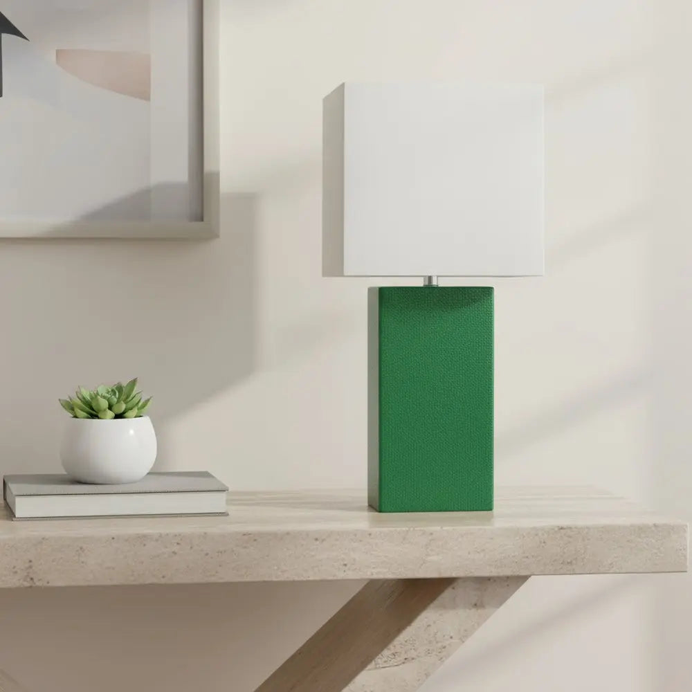 21" Green Faux Leather Table Lamp LED With White Shade HomeRoots