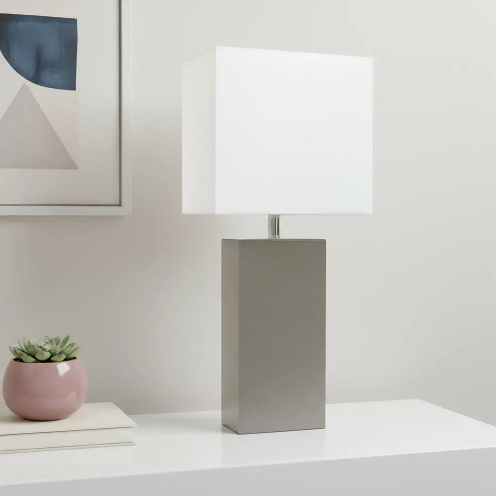 21" Gray Faux Leather Table Lamp LED With White Shade HomeRoots