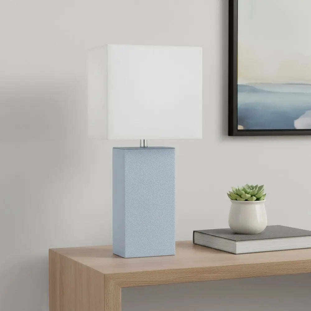 21" Periwinkle Faux Leather Table Lamp LED With White Shade HomeRoots