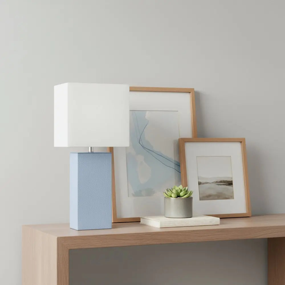 21" Periwinkle Faux Leather Table Lamp LED With White Shade HomeRoots