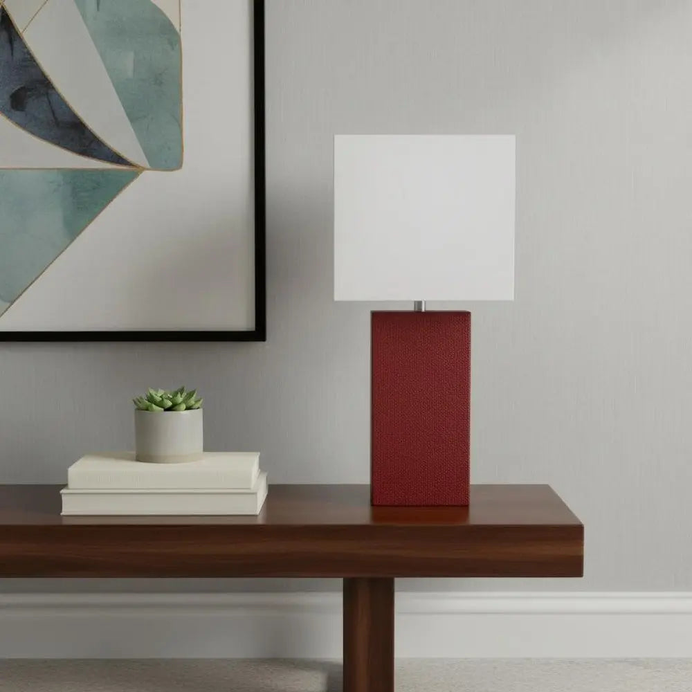 21" Red Faux Leather Table Lamp LED With White Shade HomeRoots