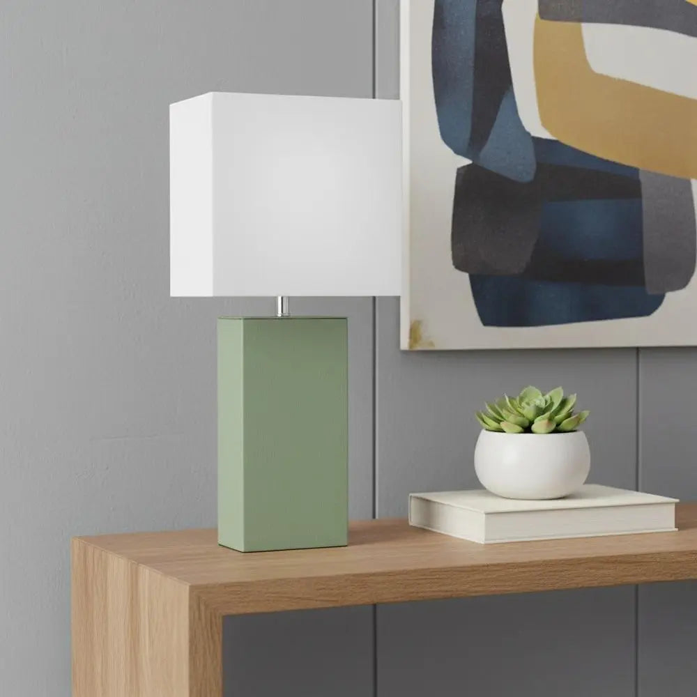 21" Sage Faux Leather Table Lamp With White Shade HomeRoots