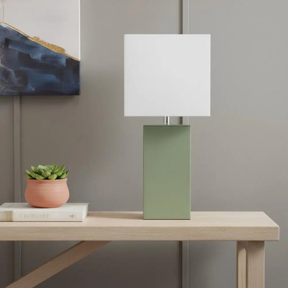 21" Sage Faux Leather Table Lamp LED With White Shade HomeRoots