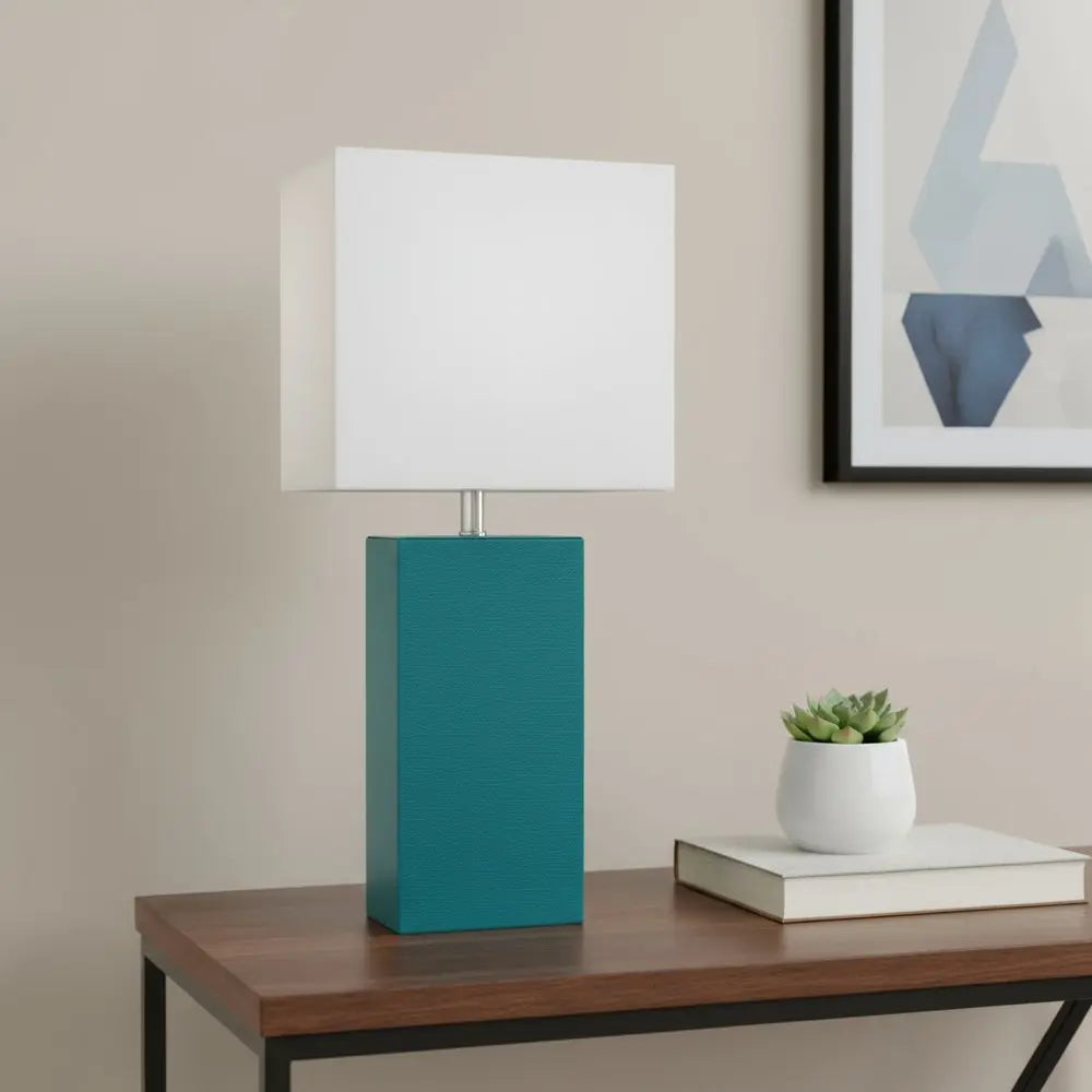 21" Teal Blue Faux Leather Table Lamp LED With White Shade HomeRoots