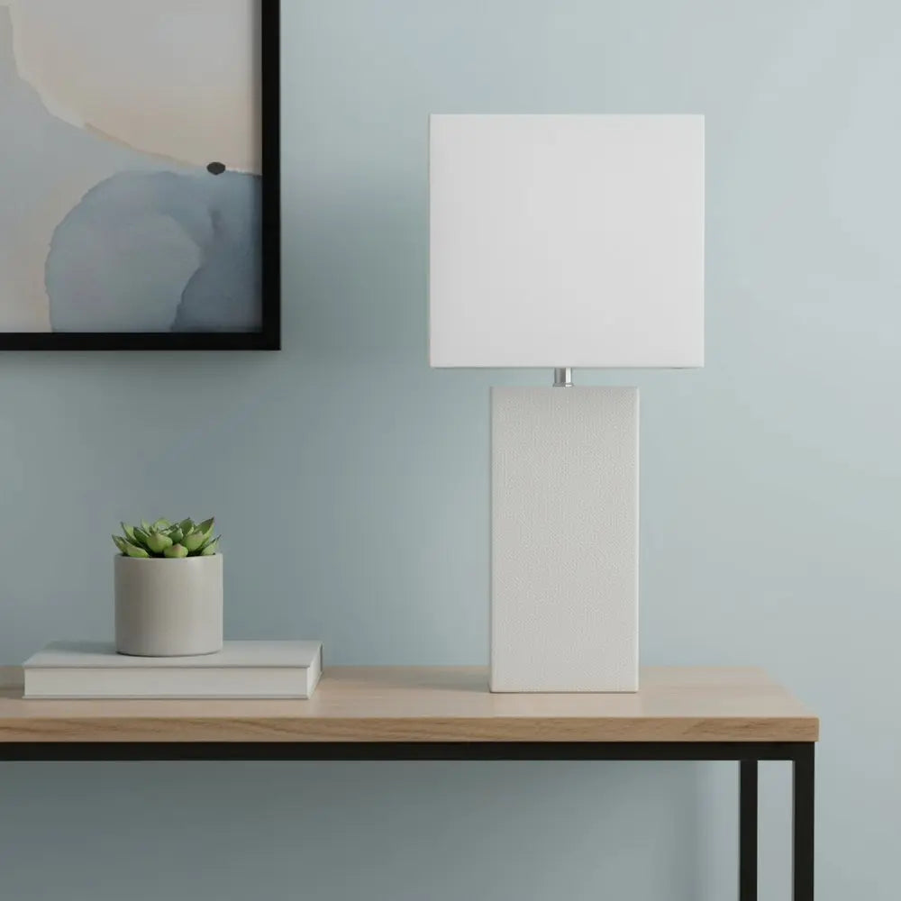 21" White Faux Leather Table Lamp LED With White Shade HomeRoots