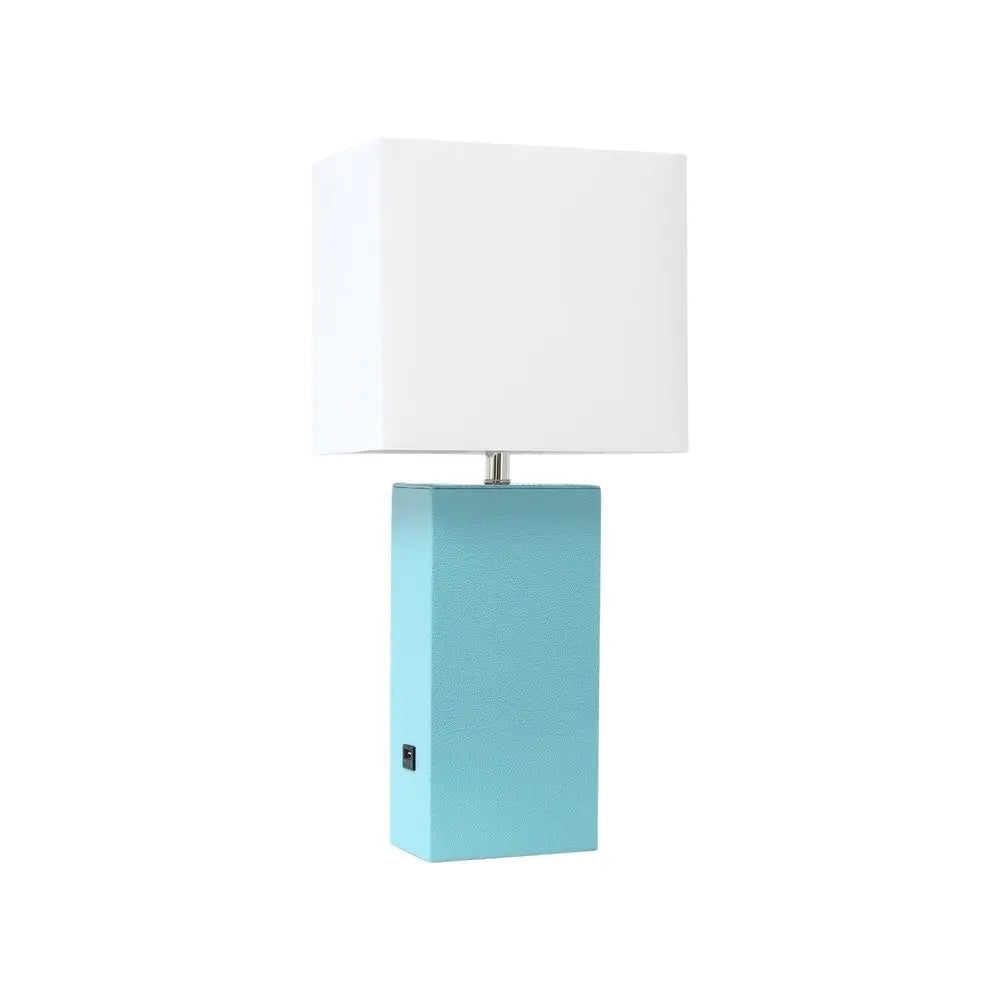 21" Aqua Faux Leather USB Table Lamp LED With White Shade HomeRoots