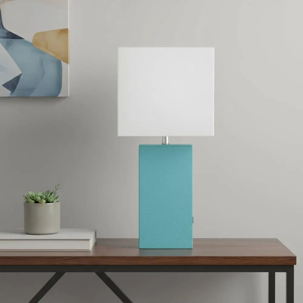 21" Aqua Faux Leather USB Table Lamp LED With White Shade HomeRoots