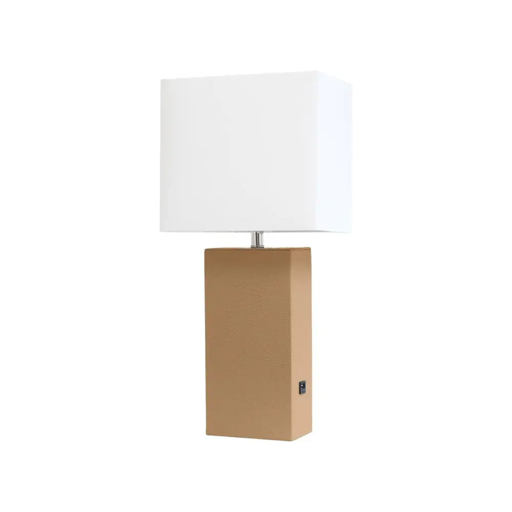 21" Beige Faux Leather USB Table Lamp LED With White Shade HomeRoots