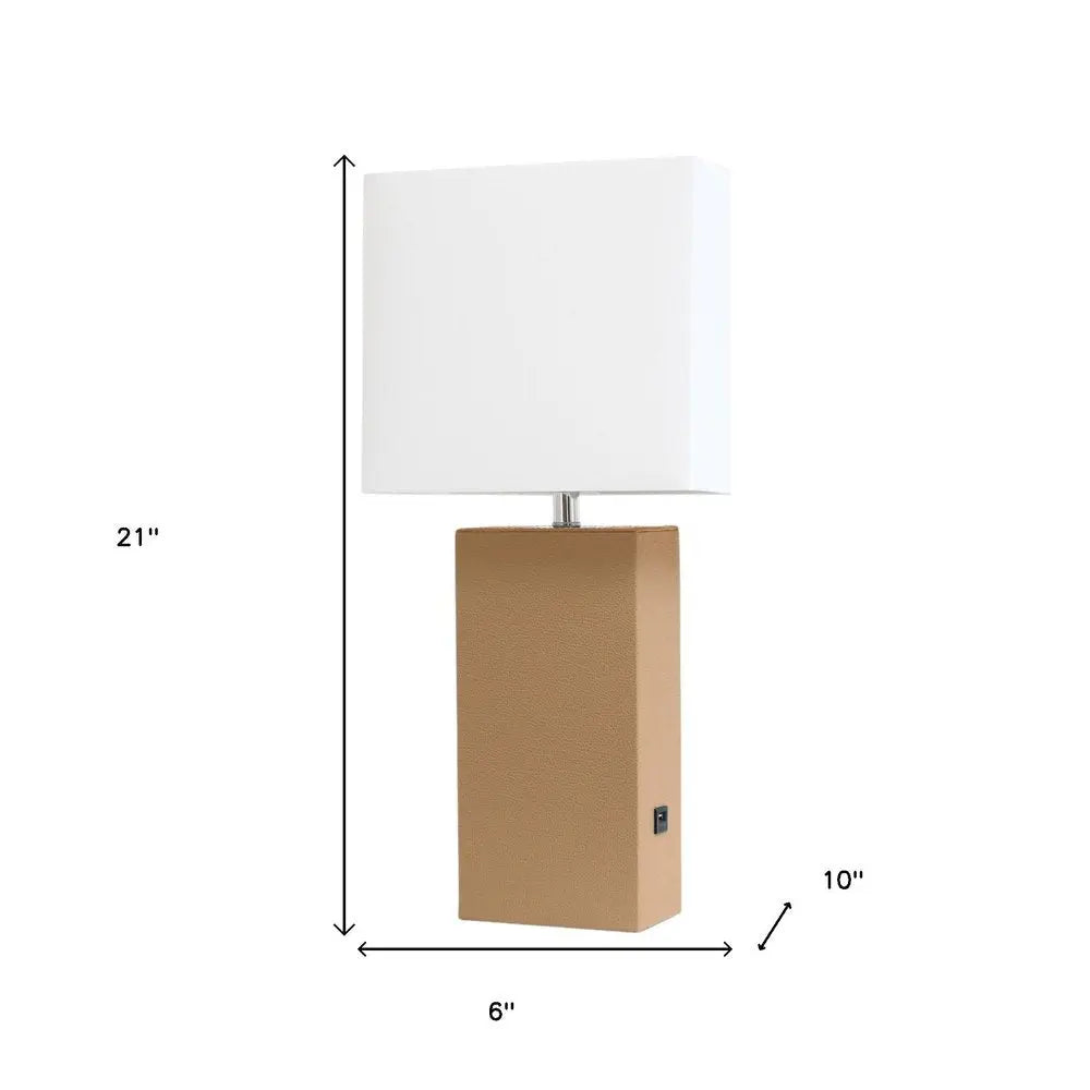 21" Beige Faux Leather USB Table Lamp LED With White Shade HomeRoots