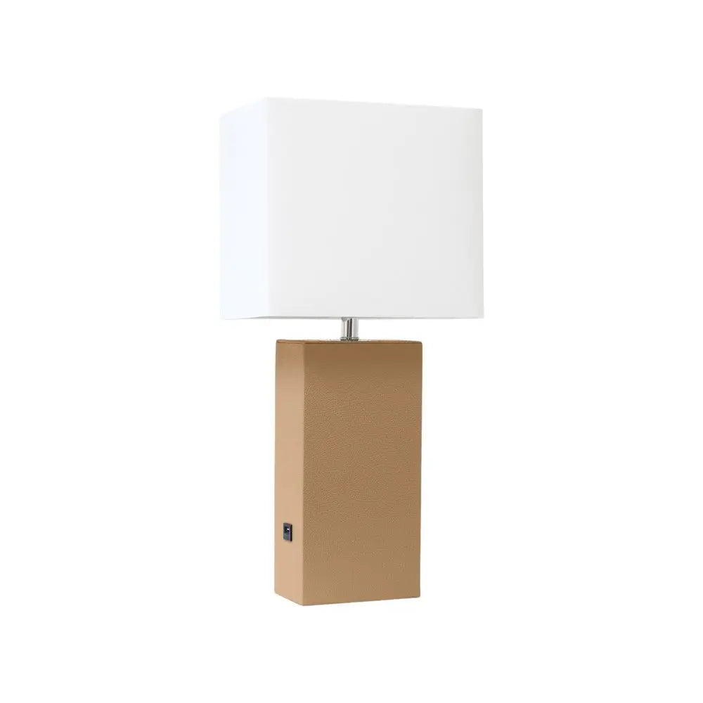 21" Beige Faux Leather USB Table Lamp LED With White Shade HomeRoots