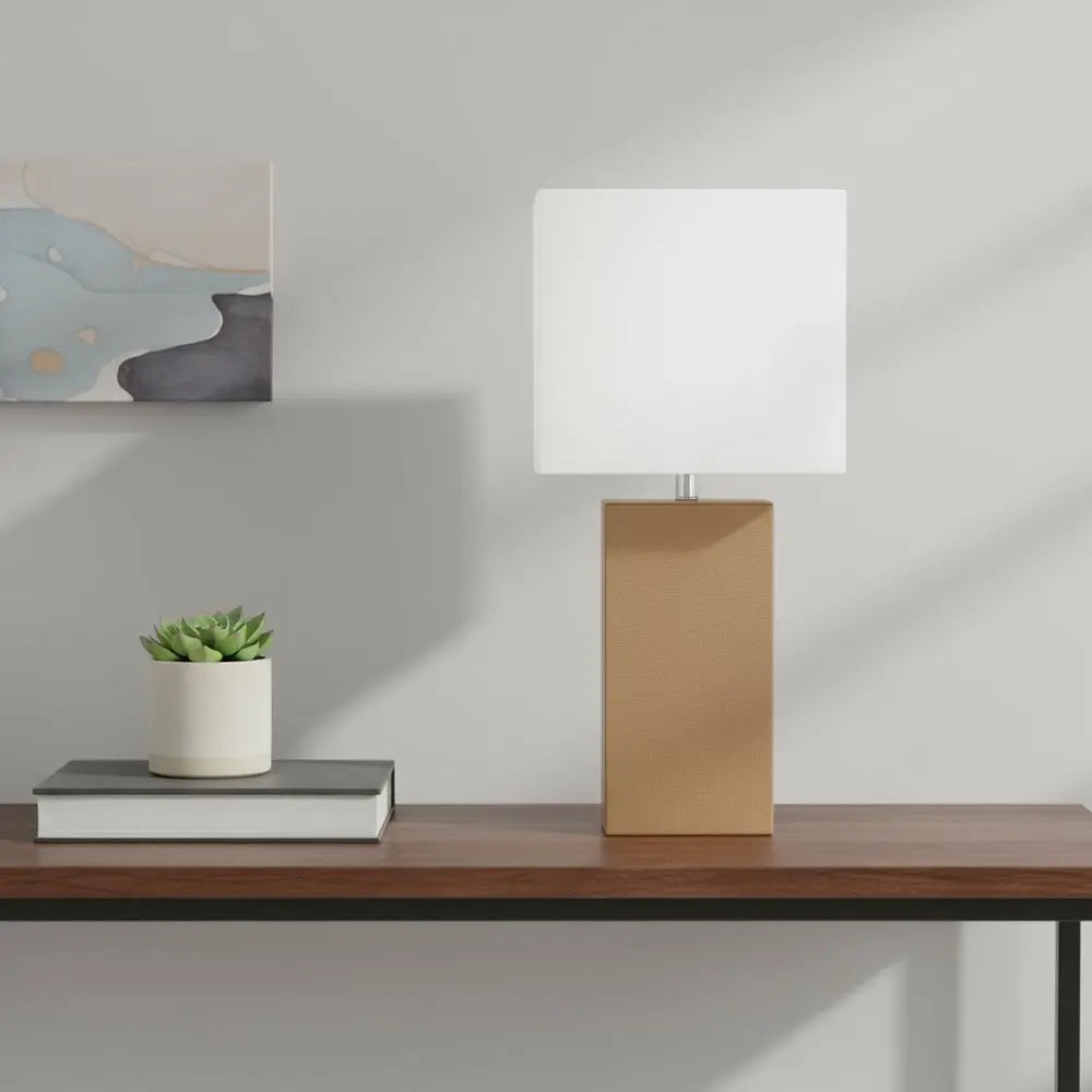 21" Beige Faux Leather USB Table Lamp LED With White Shade HomeRoots