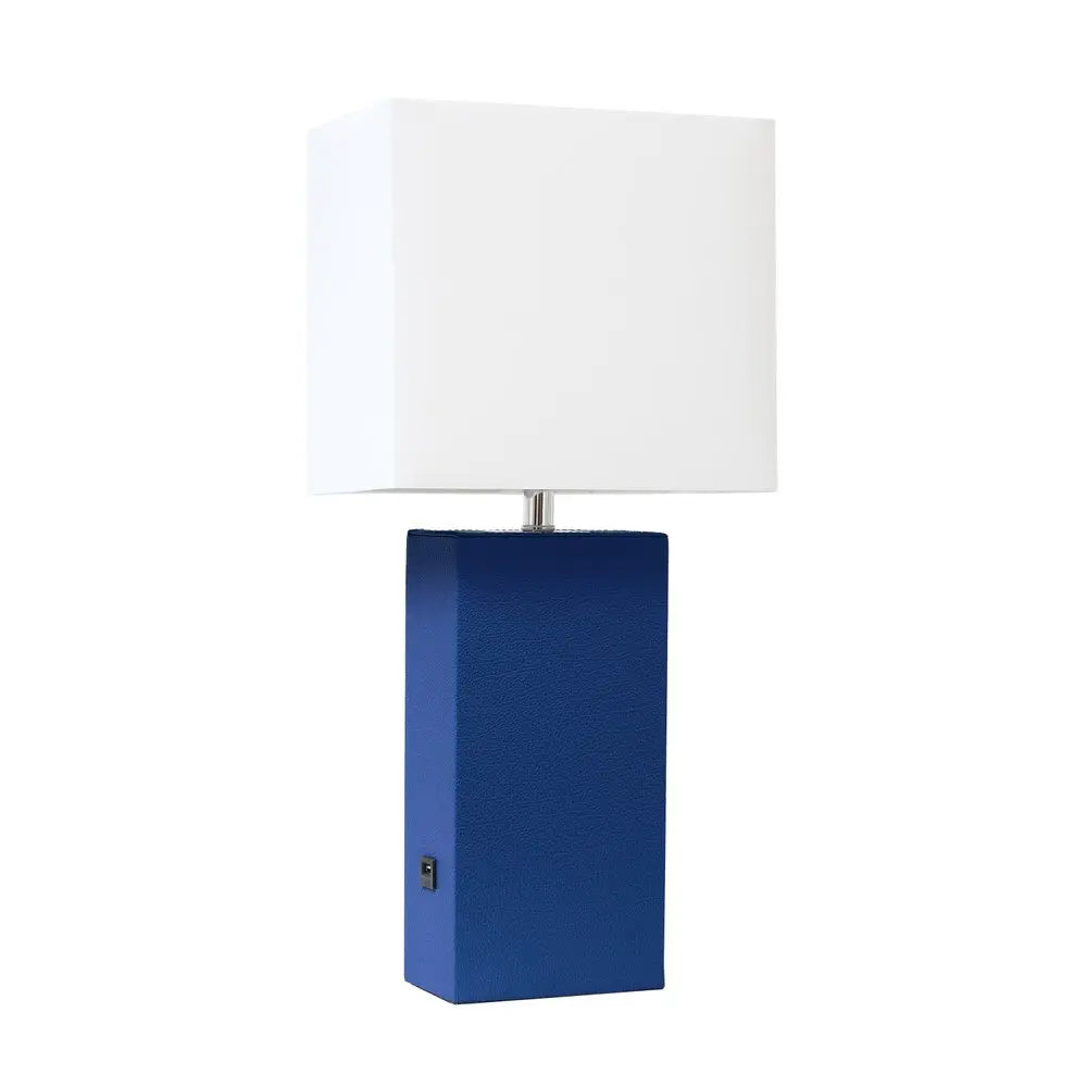21" Blue Faux Leather USB Table Lamp With White Shade HomeRoots