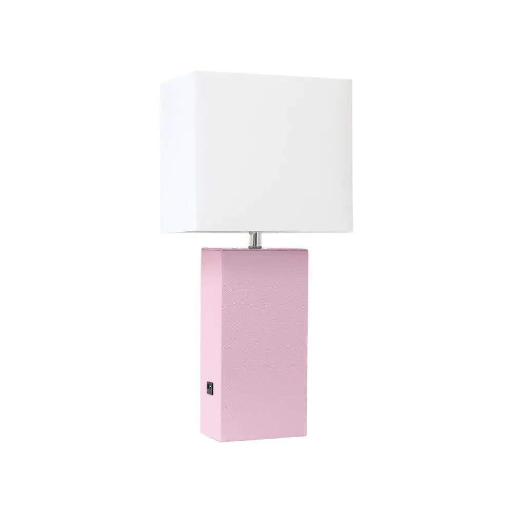21" Blush Faux Leather USB Table Lamp LED With White Shade HomeRoots