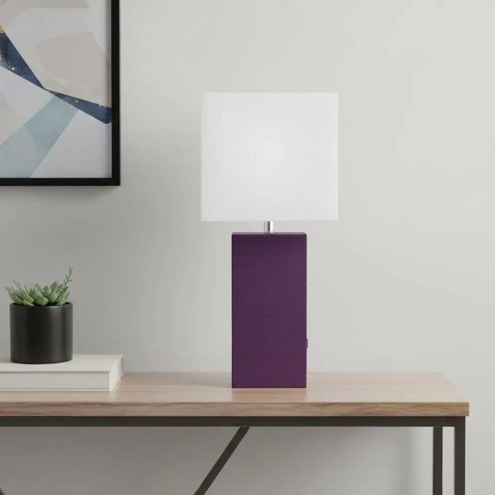 21" Eggplant Faux Leather USB Table Lamp LED With White Shade HomeRoots