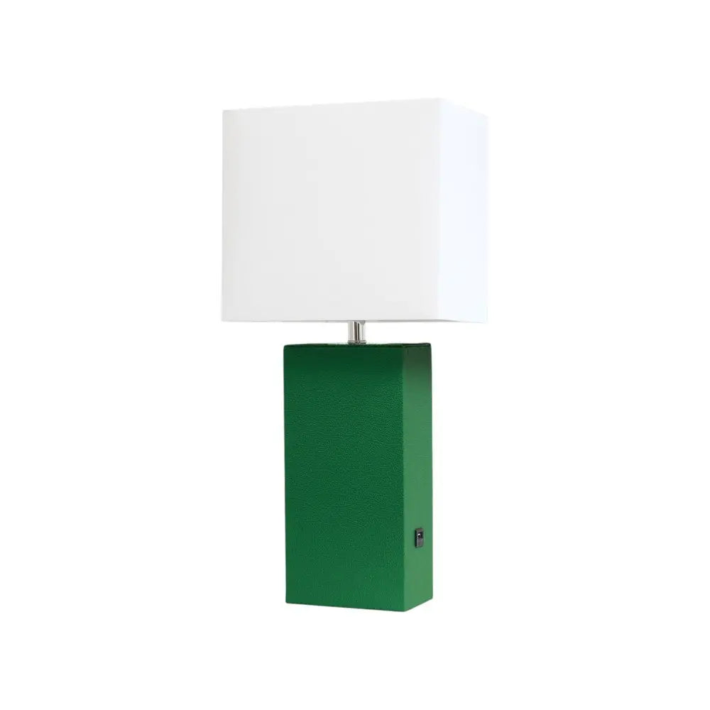 21" Green Faux Leather USB Table Lamp LED With White Shade HomeRoots