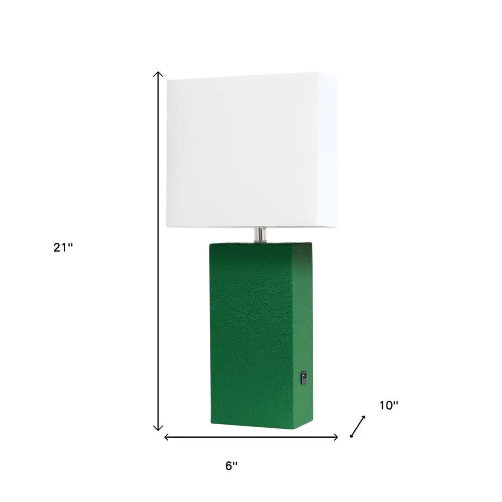 21" Green Faux Leather USB Table Lamp LED With White Shade HomeRoots