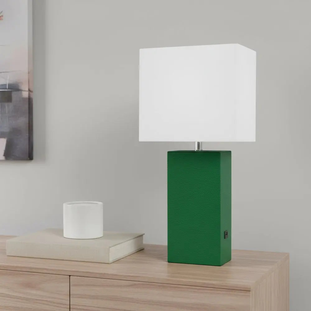 21" Green Faux Leather USB Table Lamp LED With White Shade HomeRoots