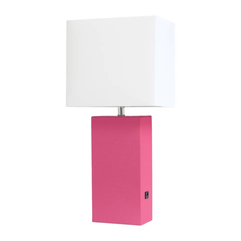 21" Hot Pink Faux Leather USB Table Lamp LED With White Shade HomeRoots
