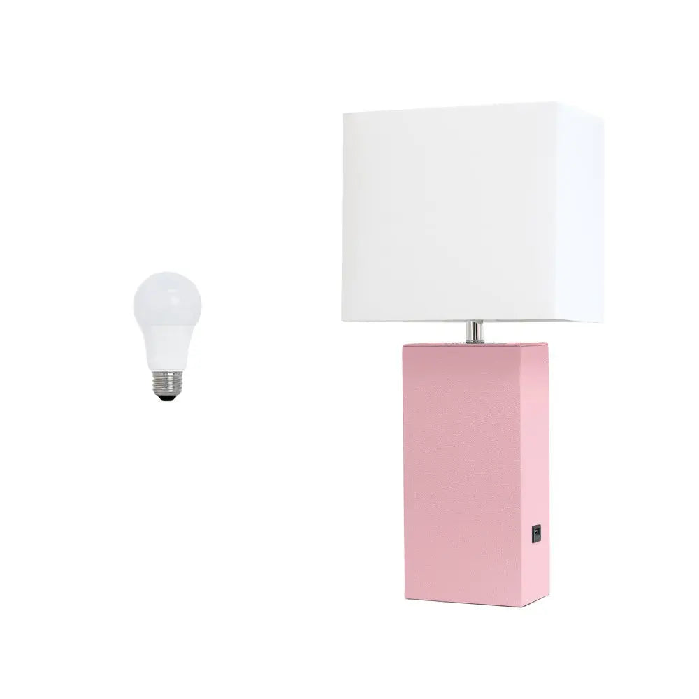 21" Pink Faux Leather USB Table Lamp LED With White Shade HomeRoots