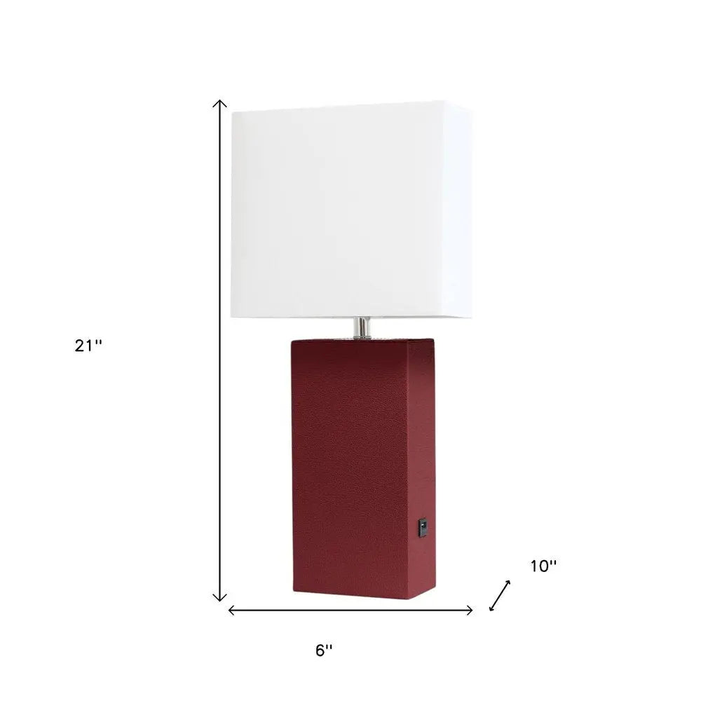 21" Red Faux Leather USB Table Lamp LED With White Shade HomeRoots