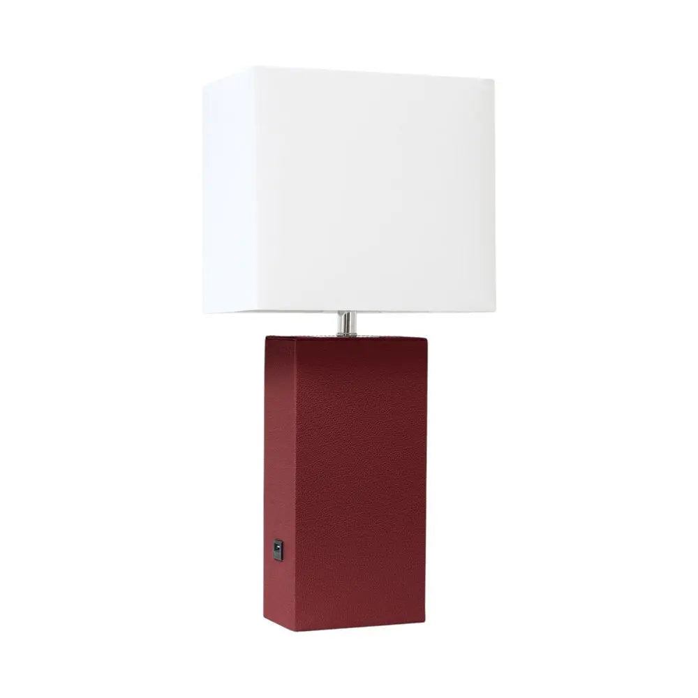 21" Red Faux Leather USB Table Lamp LED With White Shade HomeRoots