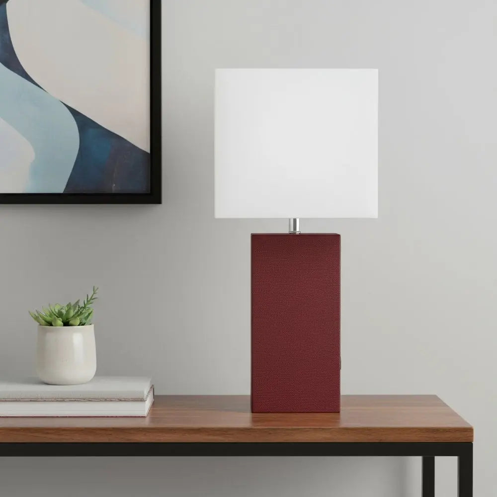 21" Red Faux Leather USB Table Lamp LED With White Shade HomeRoots