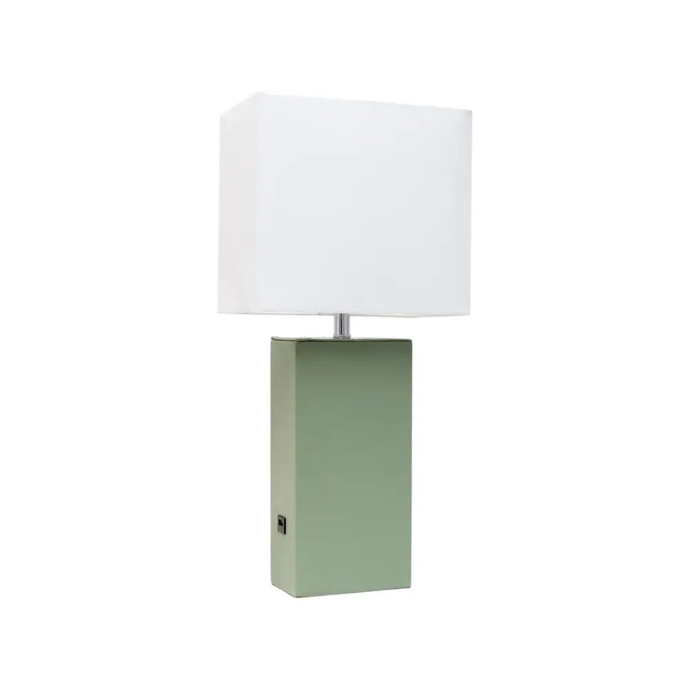 21" Sage Faux Leather USB Table Lamp LED With White Shade HomeRoots
