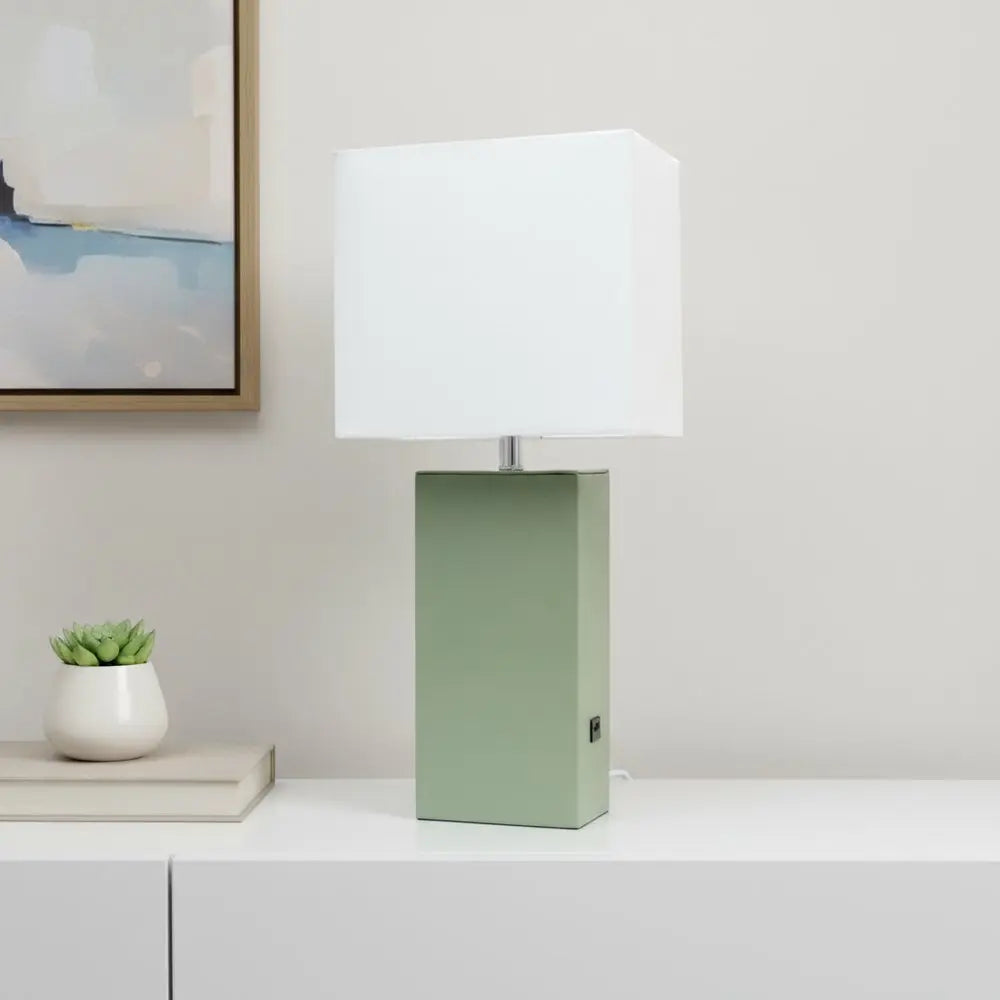 21" Sage Faux Leather USB Table Lamp LED With White Shade HomeRoots
