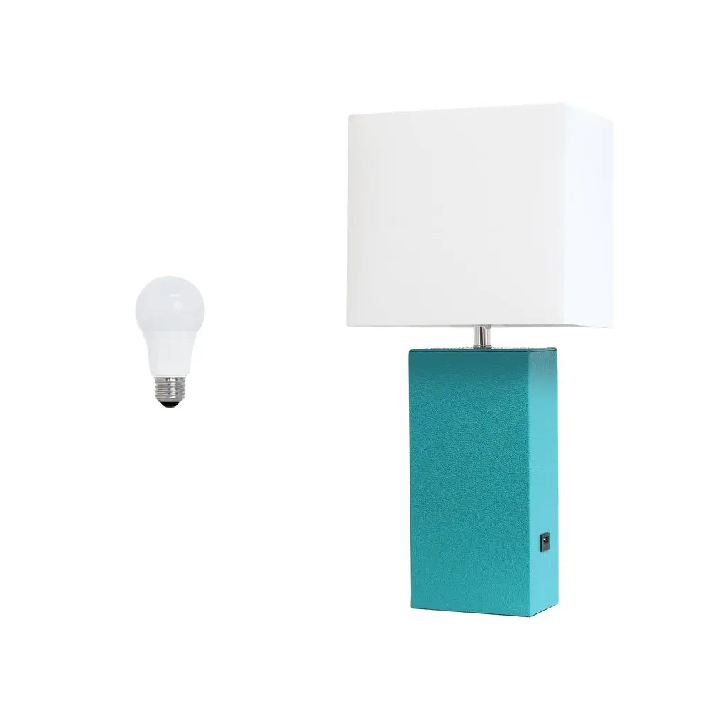 21" Teal Blue Faux Leather USB Table Lamp LED With White Shade HomeRoots