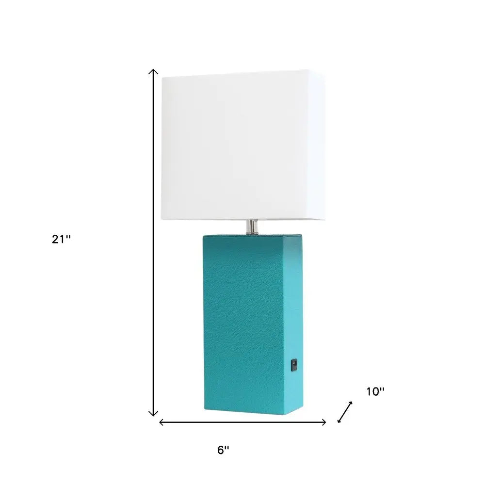 21" Teal Blue Faux Leather USB Table Lamp LED With White Shade HomeRoots
