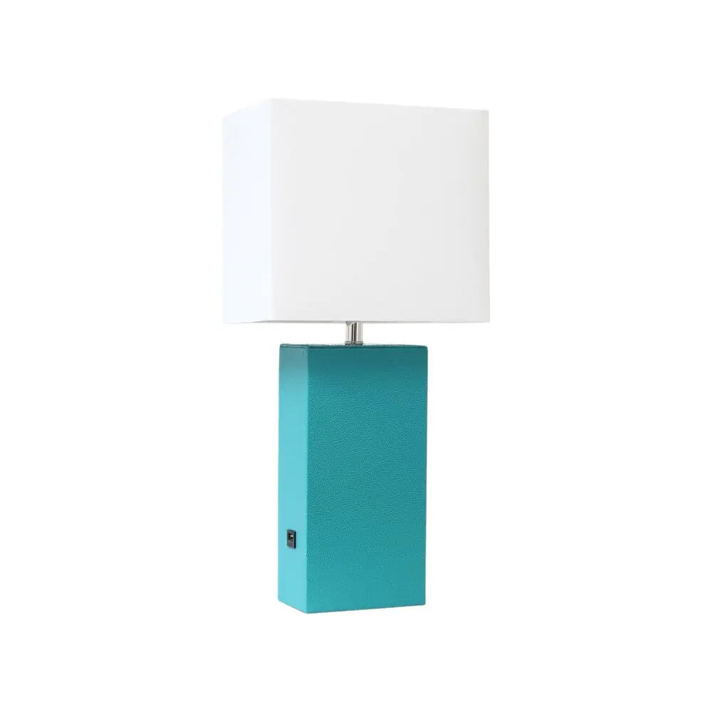 21" Teal Blue Faux Leather USB Table Lamp LED With White Shade HomeRoots