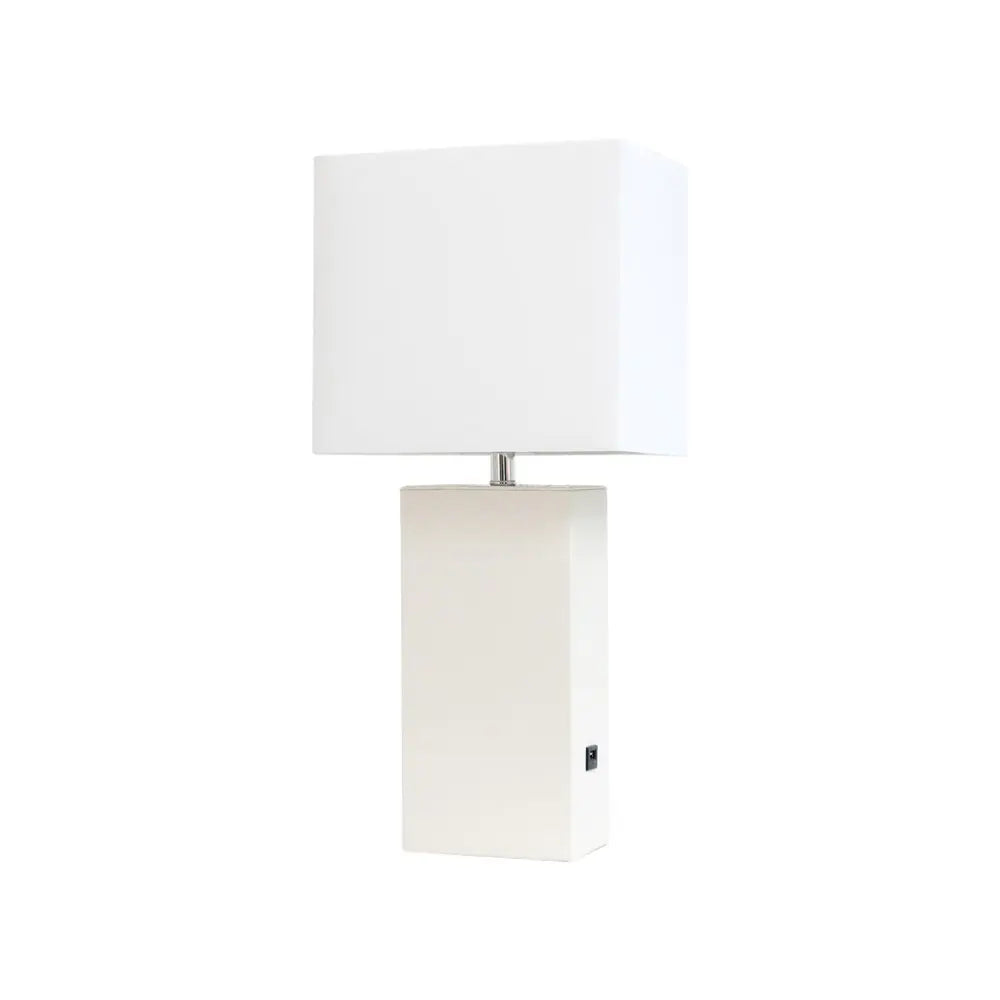 21" White Faux Leather USB Table Lamp LED With White Shade HomeRoots