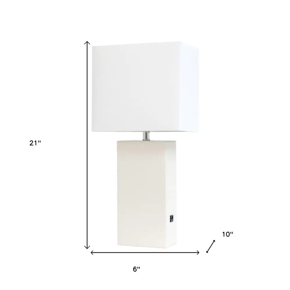 21" White Faux Leather USB Table Lamp LED With White Shade HomeRoots