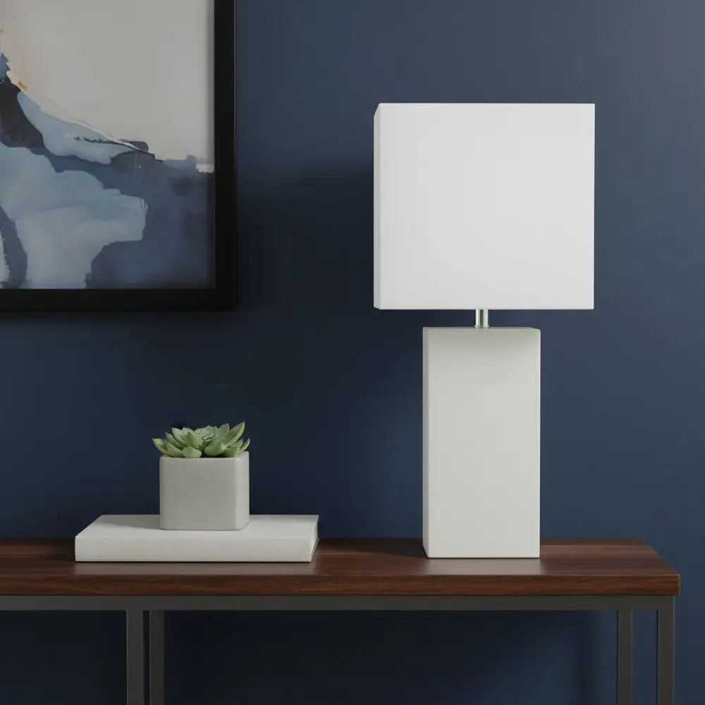 21" White Faux Leather USB Table Lamp LED With White Shade HomeRoots