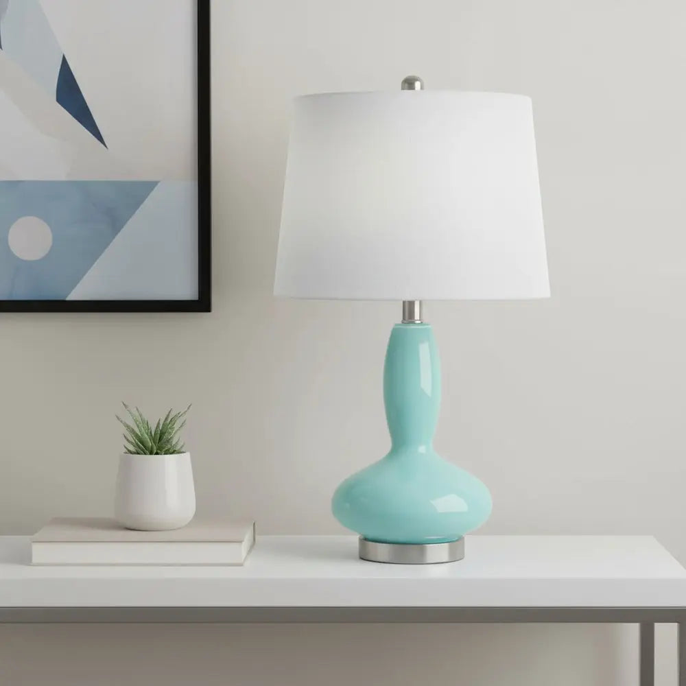 24" Light Blue And Silver Glass And Metal Novelty Table Lamp With White Drum Shade HomeRoots