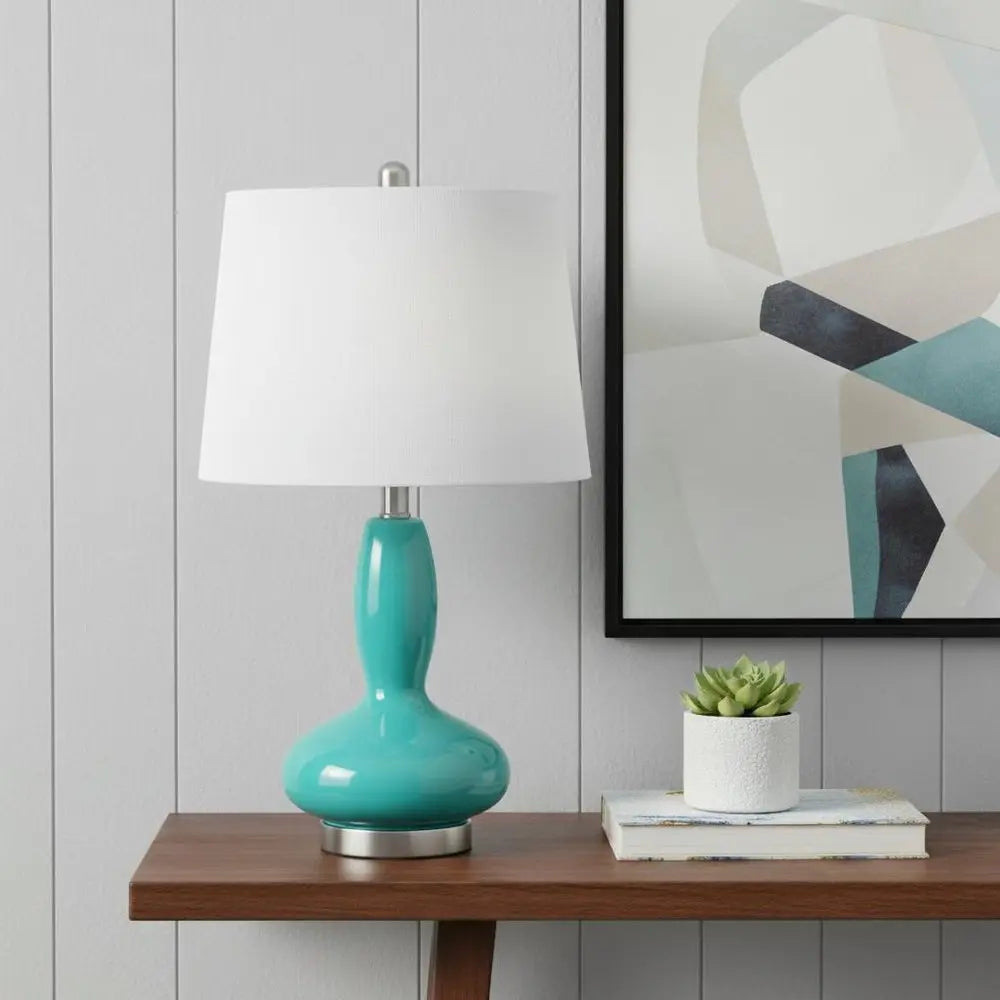 24" Teal Blue And Silver Glass And Metal Novelty Table Lamp With White Drum Shade HomeRoots