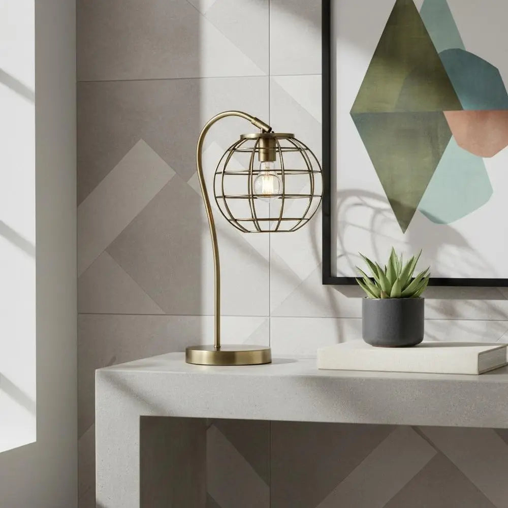 20" Antiqued Brass Metal Novelty Table Lamp With Antiqued Brass Globe Shade HomeRoots