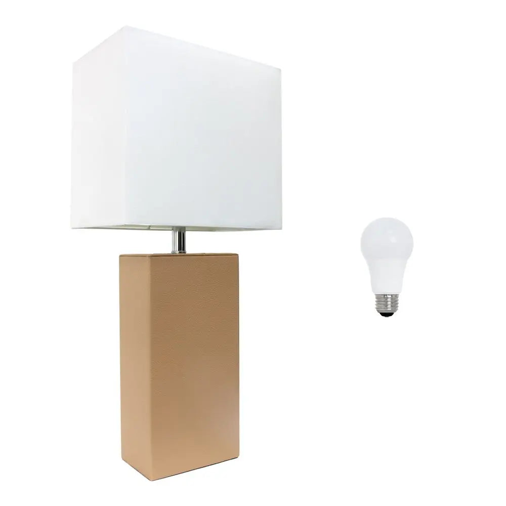 21" Beige Faux Leather Table Lamp LED With White Shade HomeRoots