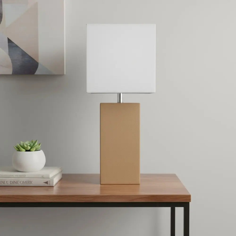 21" Beige Faux Leather Table Lamp LED With White Shade HomeRoots