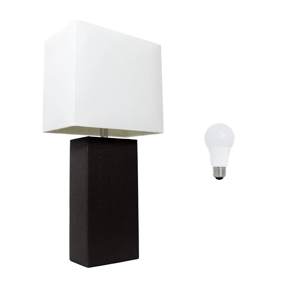 21" Black Faux Leather Table Lamp LED With White Shade HomeRoots