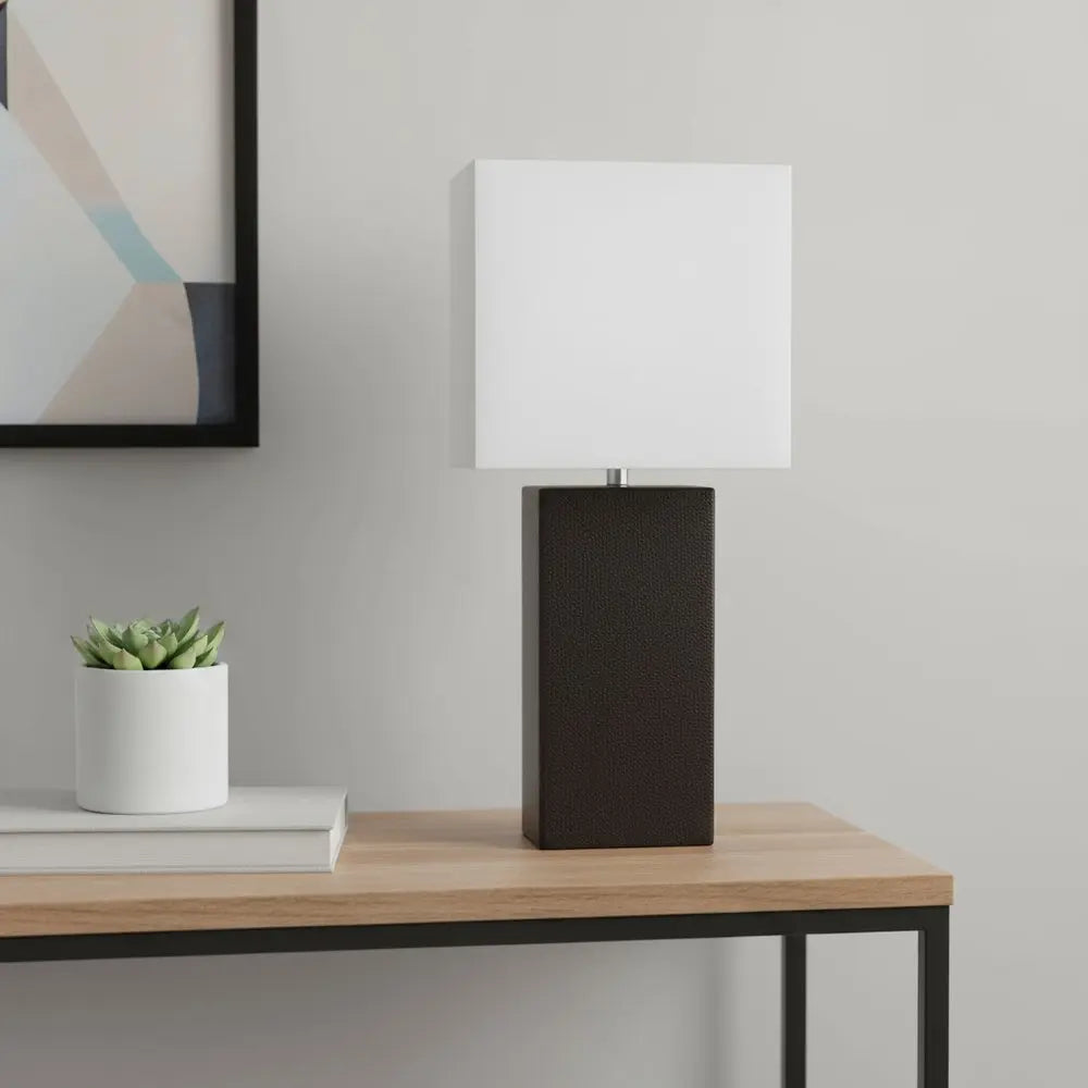 21" Black Faux Leather Table Lamp LED With White Shade HomeRoots