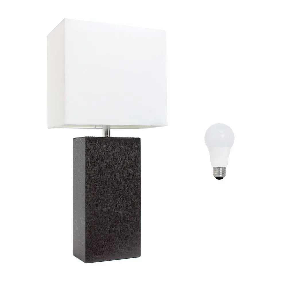 21" Espresso Faux Leather Table Lamp LED With White Shade HomeRoots