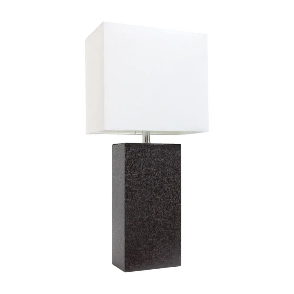 21" Espresso Faux Leather Table Lamp LED With White Shade HomeRoots