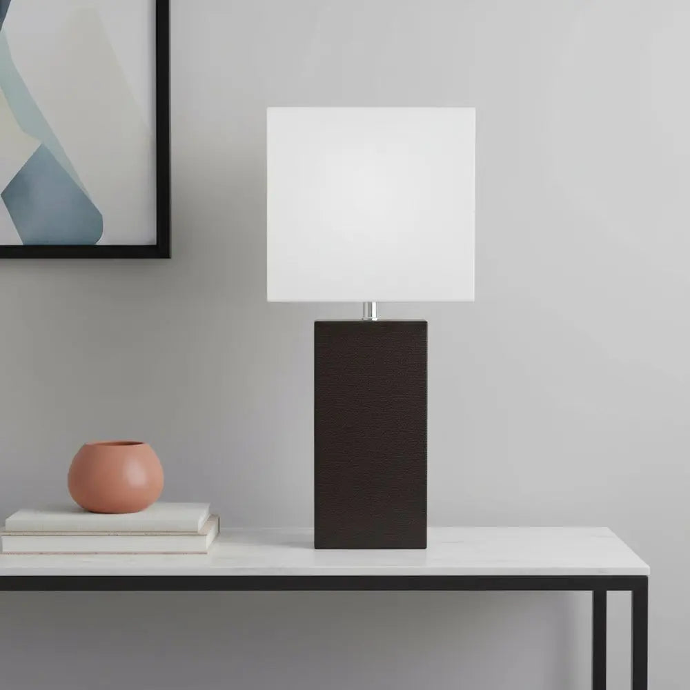 21" Espresso Faux Leather Table Lamp LED With White Shade HomeRoots