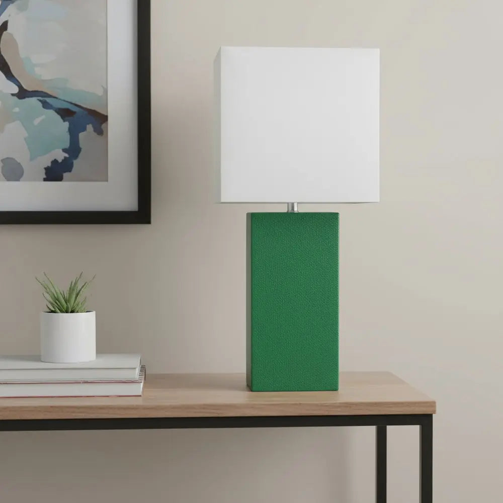 21" Green Faux Leather Table Lamp LED With White Shade HomeRoots