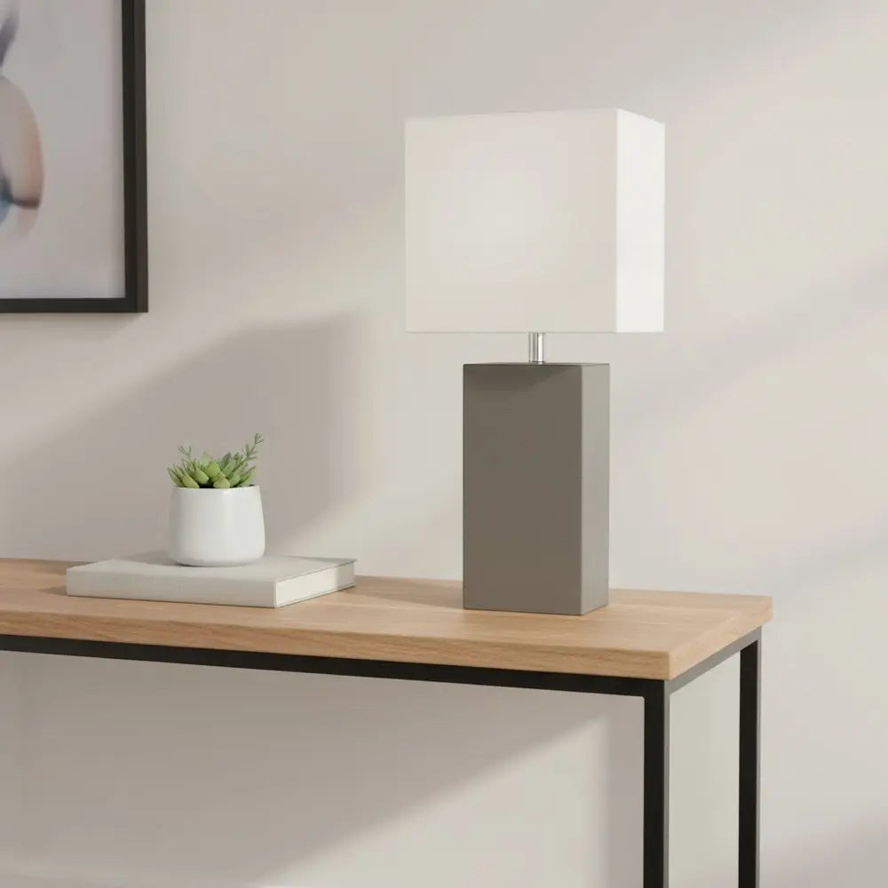 21" Gray Faux Leather Table Lamp LED With White Shade HomeRoots