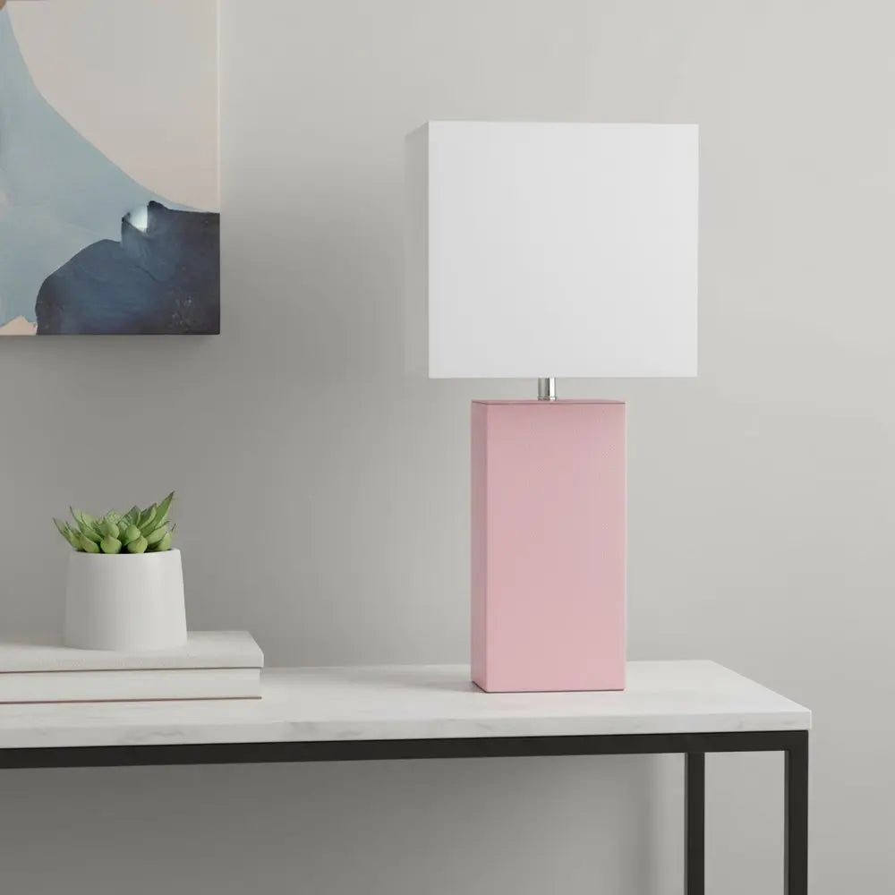 21" Pink Faux Leather Table Lamp LED With White Shade HomeRoots